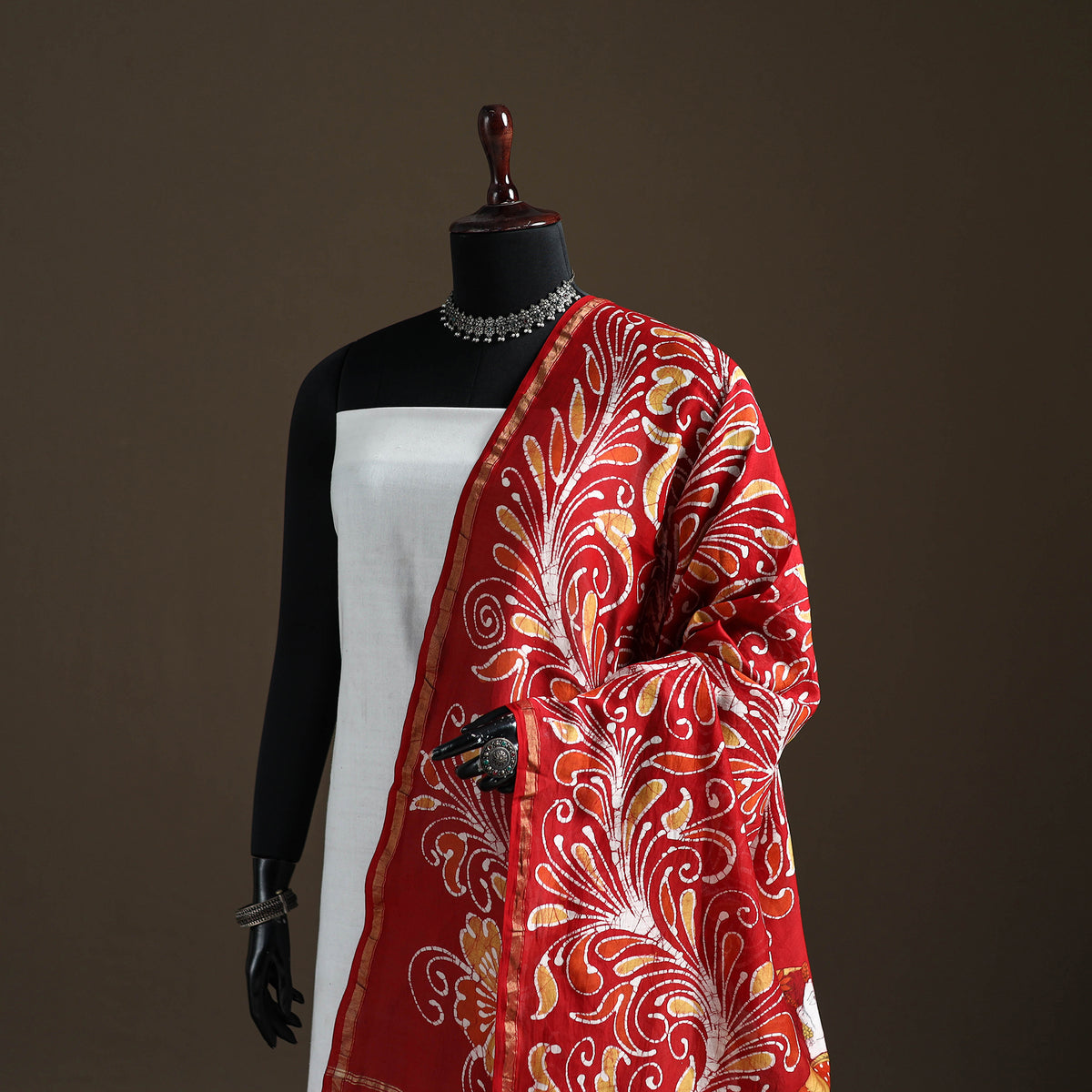 Red - Hand Batik Print Handloom Chanderi Silk Dupatta 01