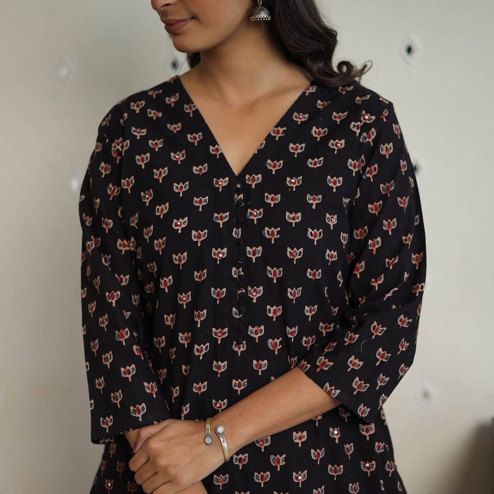 Black - Sequins Work Cotton Straight Ajrakh Print Kurta 03