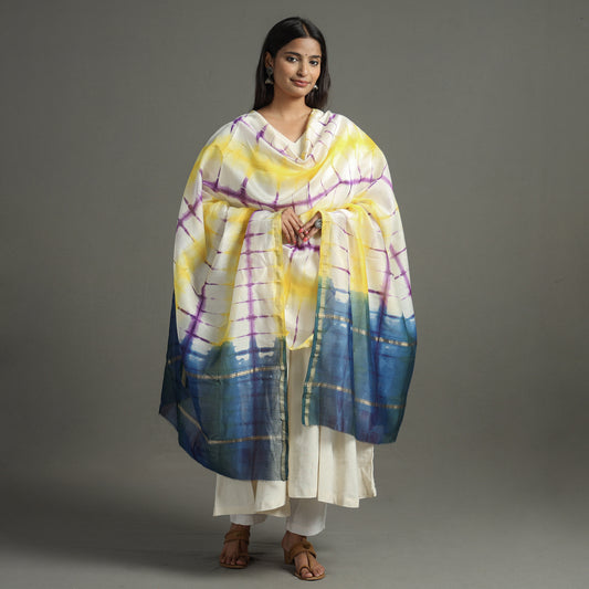 Multicolor -  Shibori Tie-Dye Handloom Chanderi Silk Dupatta with Zari Border 37