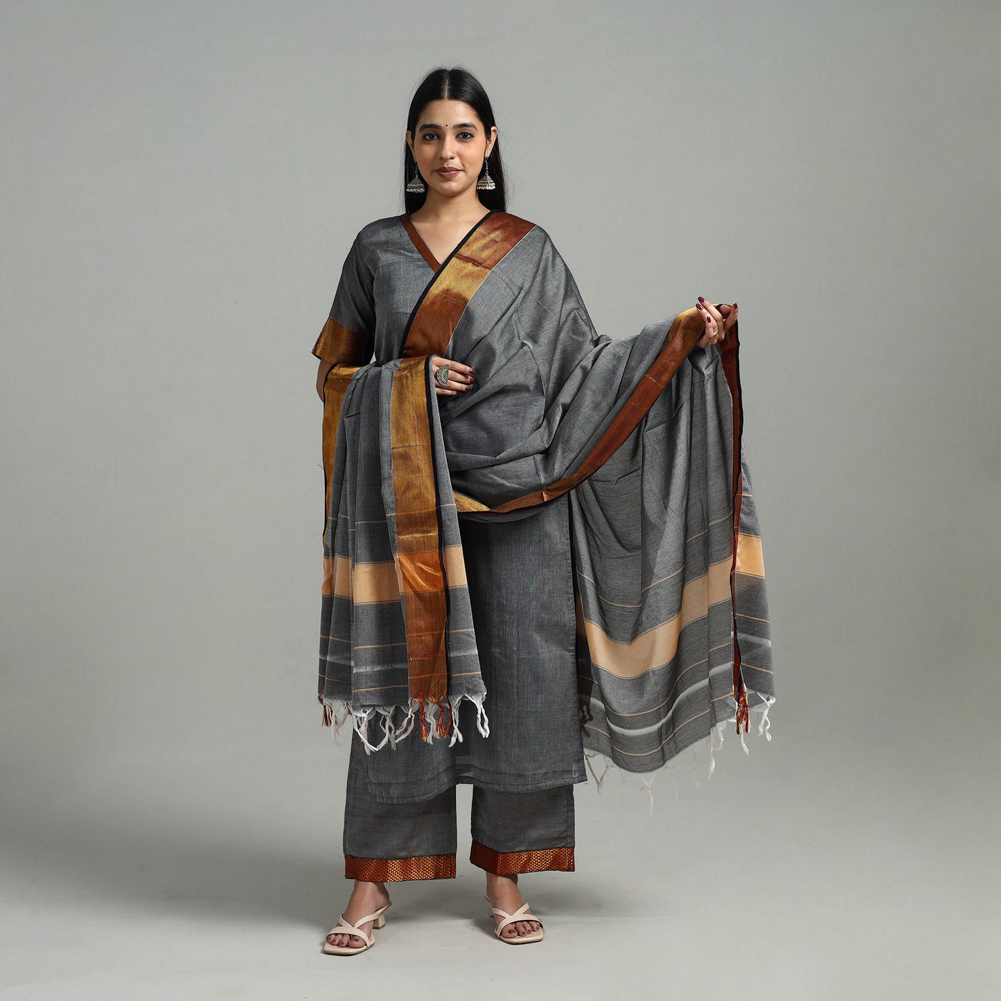Grey - Cotton Dharwad Kurta Set with Palazzo & Dupatta 05