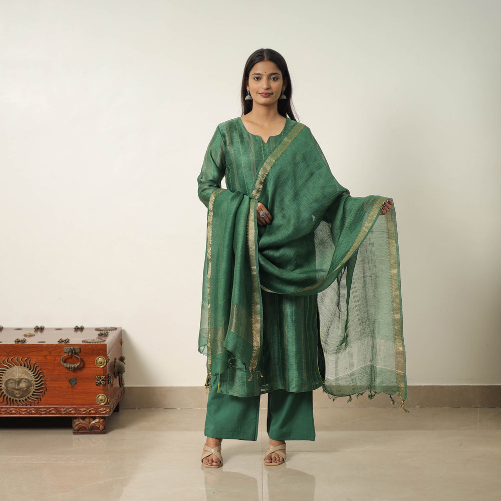 Green - Elegant Linen Silk Handloom Plain Kurta Set 05