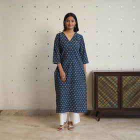 Blue - Sequins Cotton Straight Ajrakh Print Kurta 01