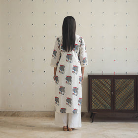 White Block Print Cotton Straight Sanganeri Kurta for Women