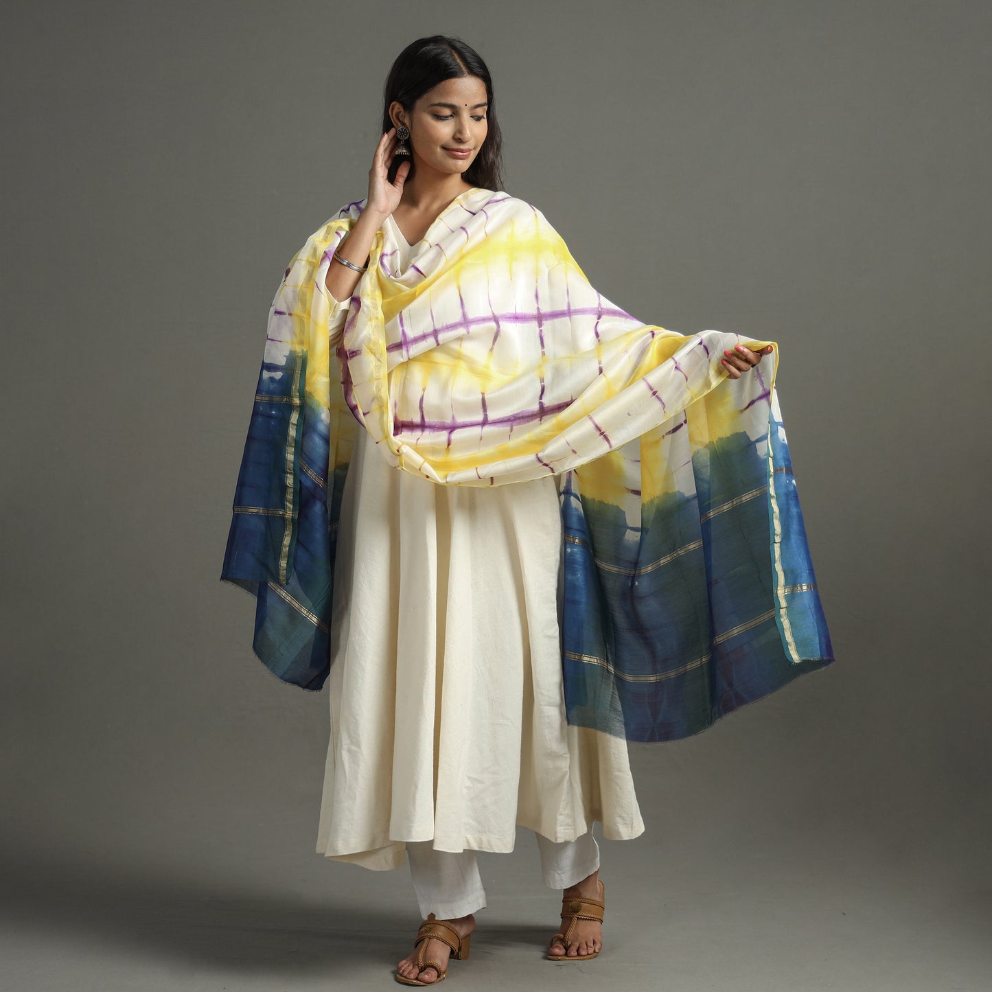 Multicolor -  Shibori Tie-Dye Handloom Chanderi Silk Dupatta with Zari Border 37