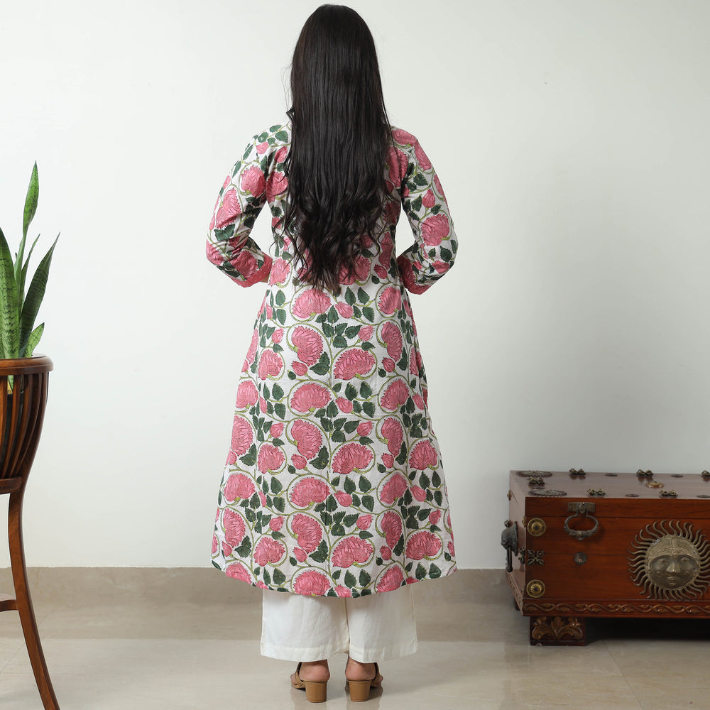 Pink - Sanganeri Block Printed Cotton A-Line Kurta with Jacquard Patchwork 01