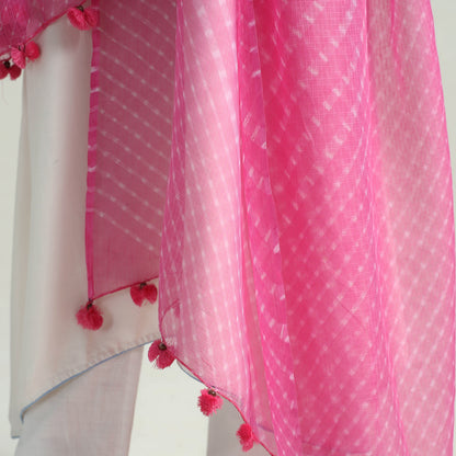 Pink - Leheriya Tie-Dye Mothra Kota Doria Cotton Dupatta with Tassels 14
