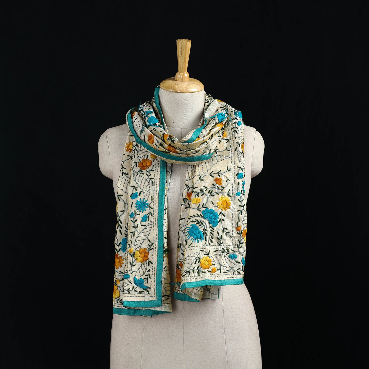 Beige - Ranihati Chanderi Silk Hand Embroidered Stole 108