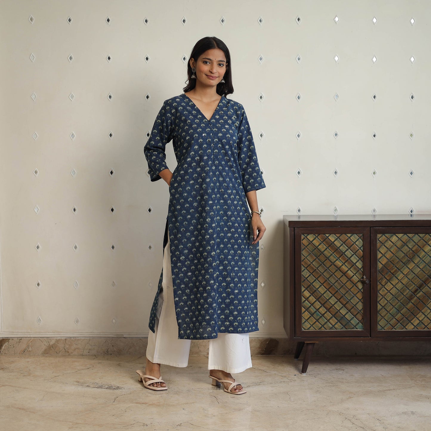 Blue - Sequins Work Cotton Straight Ajrakh Print Kurta 01