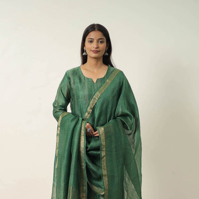 Green - Elegant Linen Silk Handloom Plain Kurta Set 05