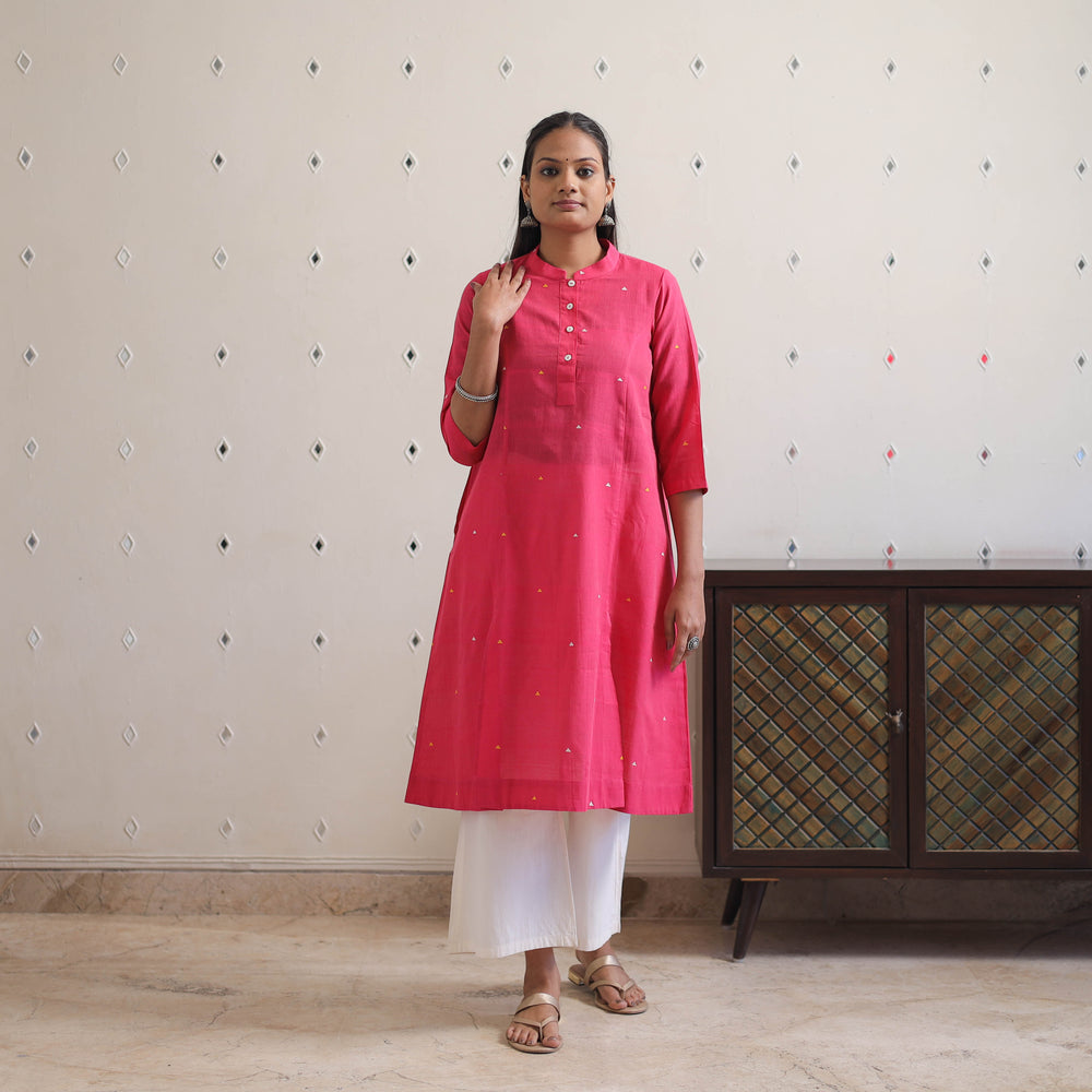 Pink - Panel Cut Handwoven Cotton Jamdani Kurta 40