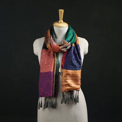 Pure Silk Reversible Patchwork Stole with Tassels 28