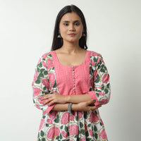 Pink - Sanganeri Block Printed Cotton A-Line Kurta with Jacquard Patchwork 01