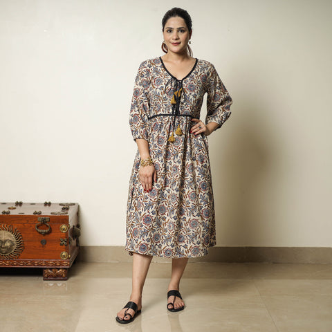 Beige - Bagru Block Printed Cotton Flared Dress 16