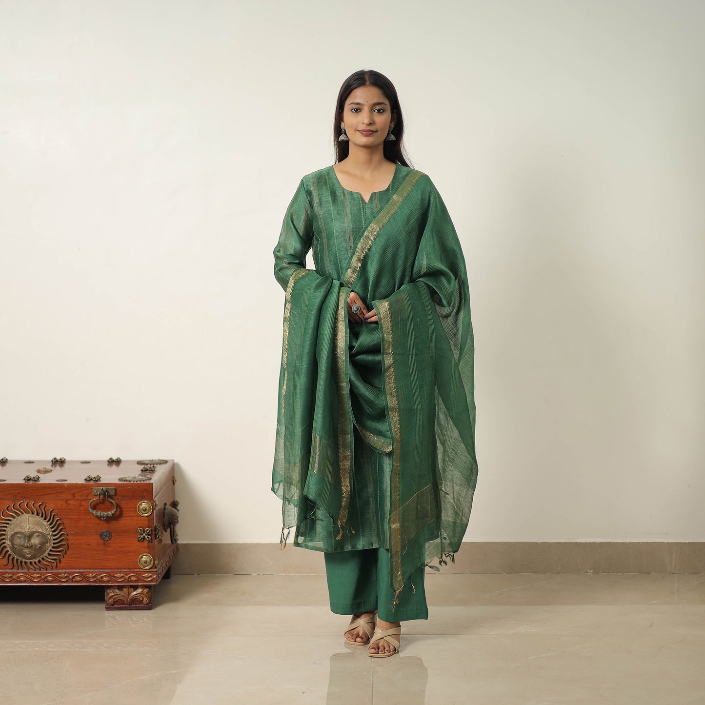 Green - Elegant Linen Silk Handloom Plain Kurta Set 05