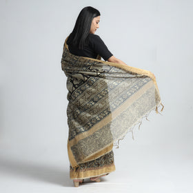 Beige Original Pedana Kalamkari Block Print Chanderi Silk Saree