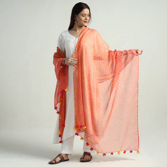 Orange - Leheriya Tie-Dye Mothra Kota Doria Cotton Dupatta with Tassels 15