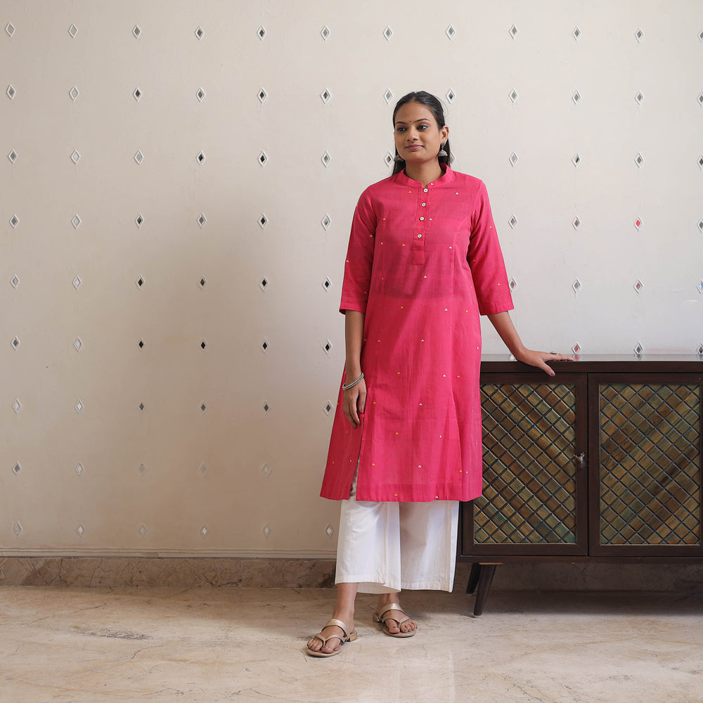 Pink - Panel Cut Handwoven Cotton Jamdani Kurta 40