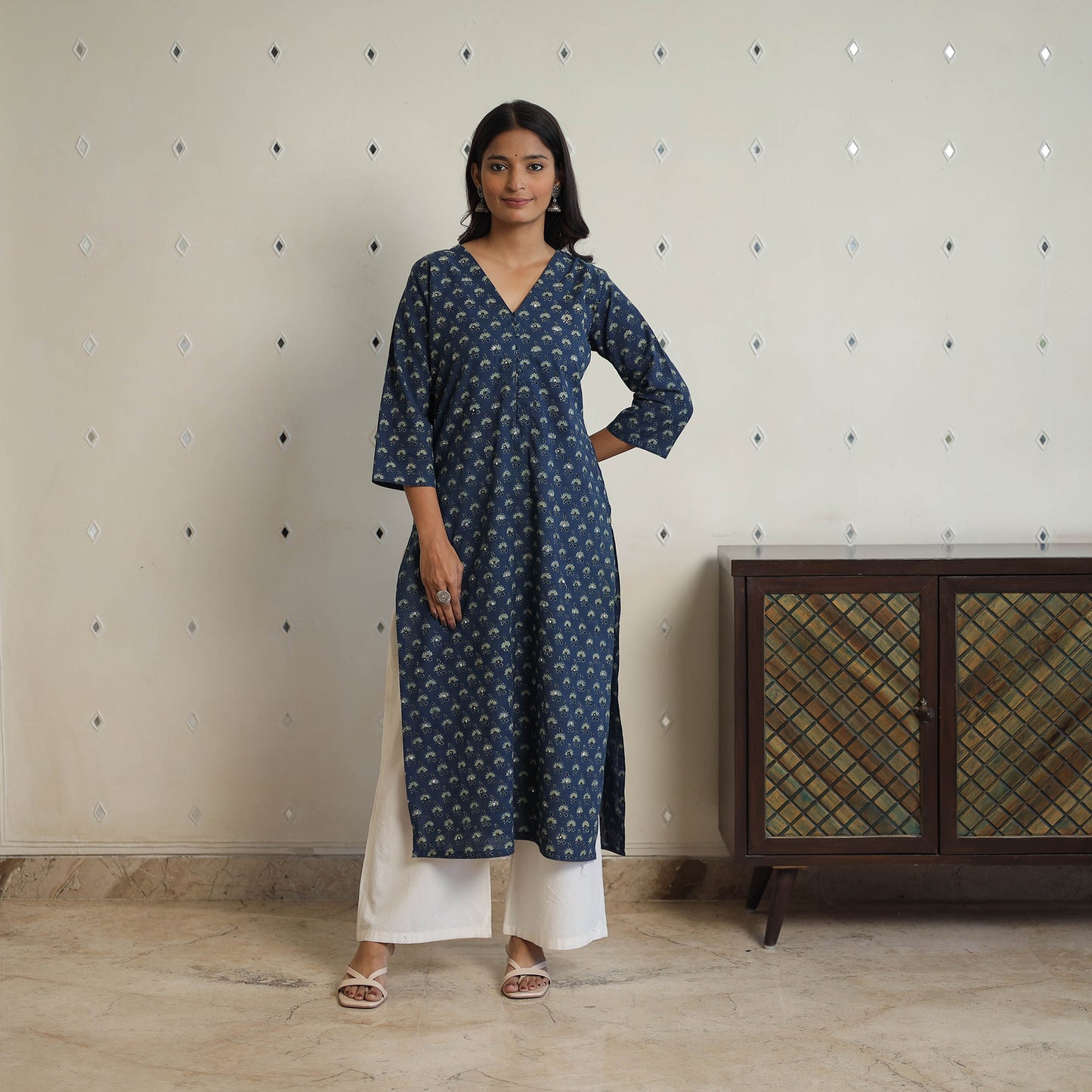 Blue - Sequins Work Cotton Straight Ajrakh Print Kurta 01