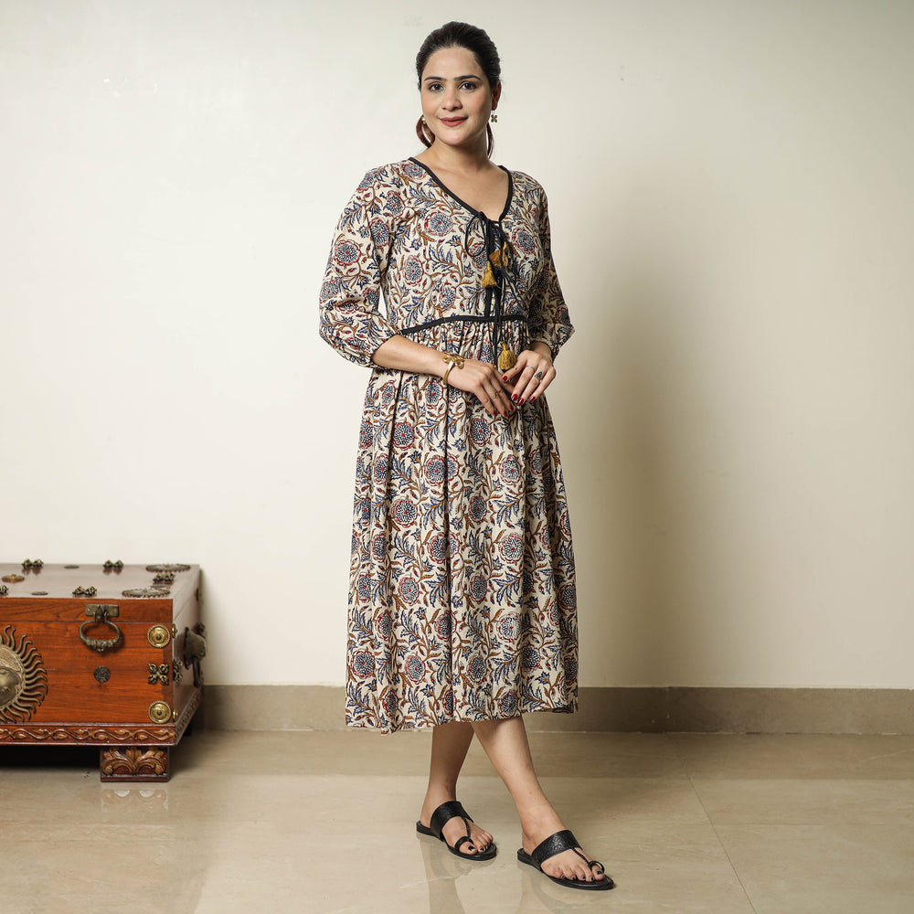 Beige - Bagru Block Printed Cotton Flared Dress 16