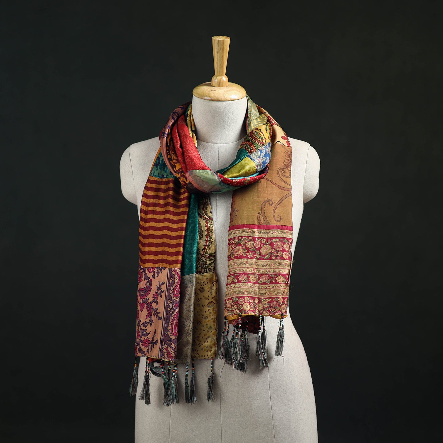 Pure Silk Reversible Patchwork Stole with Tassels 29