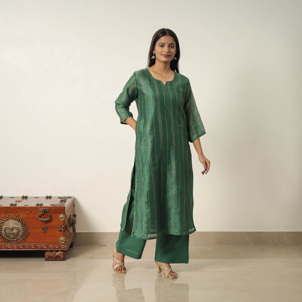 Green - Elegant Linen Silk Handloom Plain Kurta Set 05