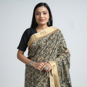 Beige Original Pedana Kalamkari Block Print Chanderi Silk Saree