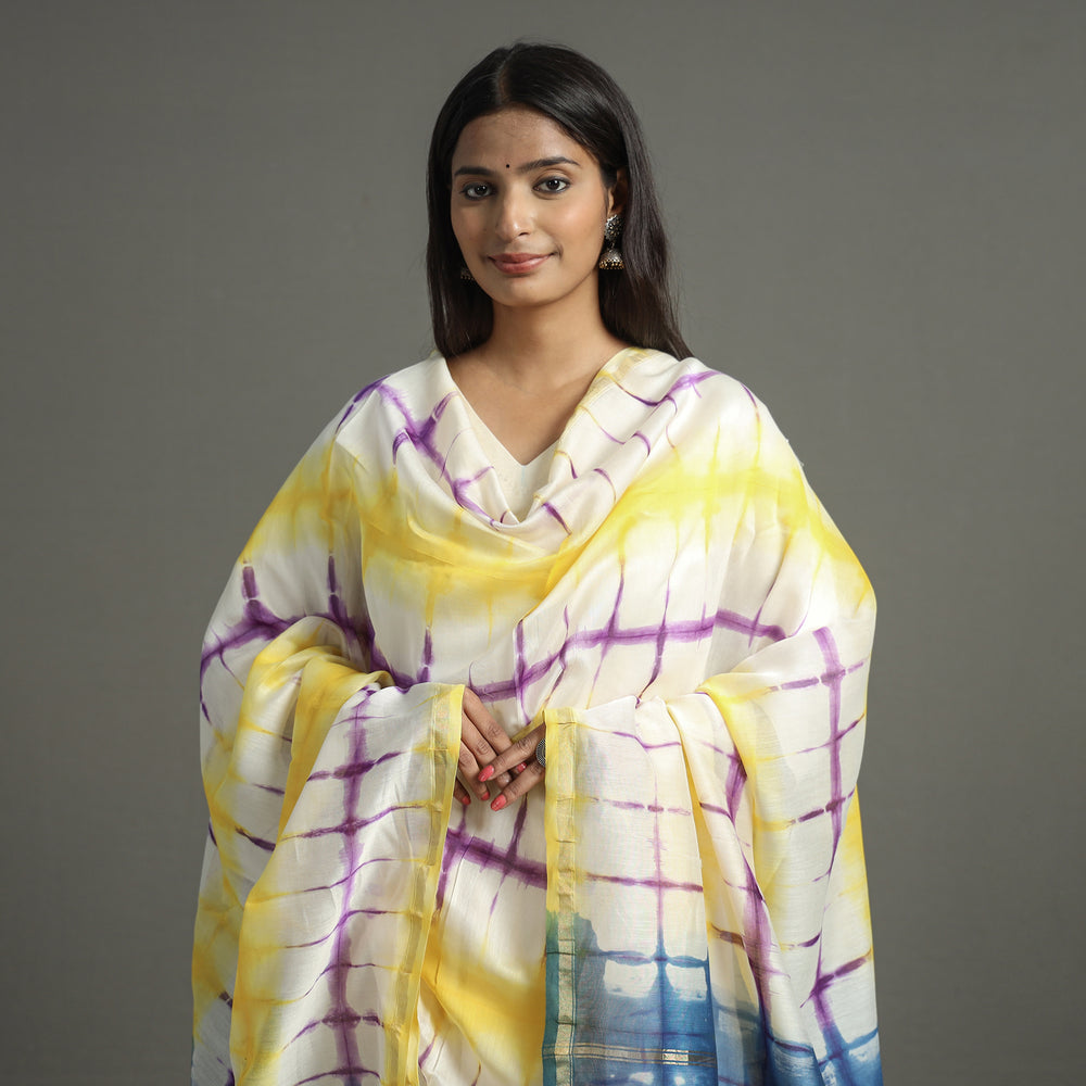 Multicolor -  Shibori Tie-Dye Handloom Chanderi Silk Dupatta with Zari Border 37