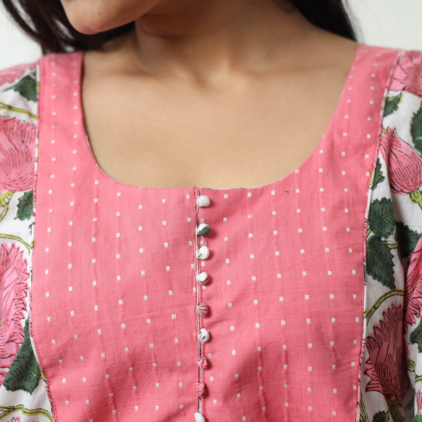 Pink - Sanganeri Block Printed Cotton A-Line Kurta with Jacquard Patchwork 01