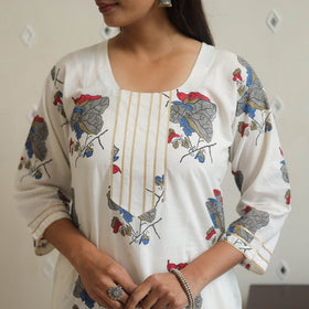 White Block Print Cotton Straight Sanganeri Kurta for Women