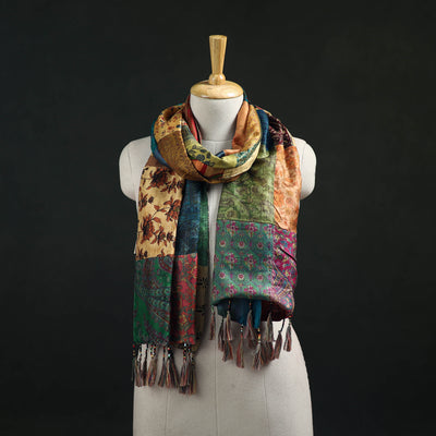 Pure Silk Reversible Patchwork Stole with Tassels 30