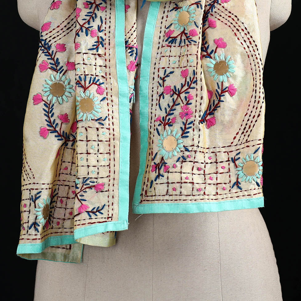 Beige - Ranihati Chanderi Silk Hand Embroidered Stole 112