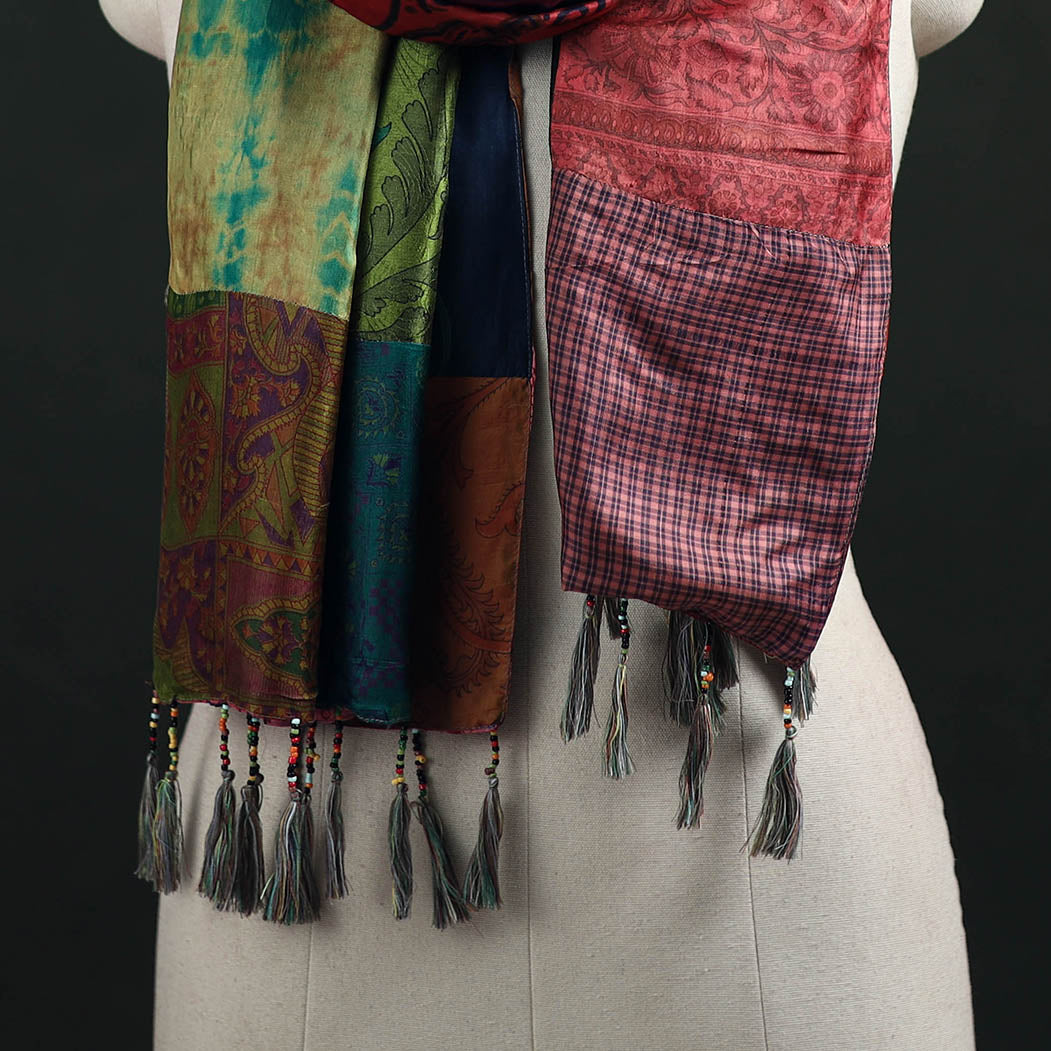 Pure Silk Reversible Patchwork Stole with Tassels 31