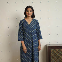 Blue - Sequins Work Cotton Straight Ajrakh Print Kurta 01