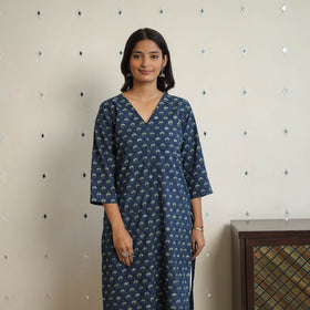Blue - Sequins Cotton Straight Ajrakh Print Kurta 01