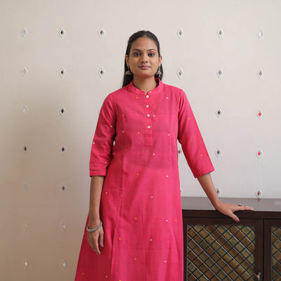 Pink - Panel Cut Handwoven Cotton Jamdani Kurta 40