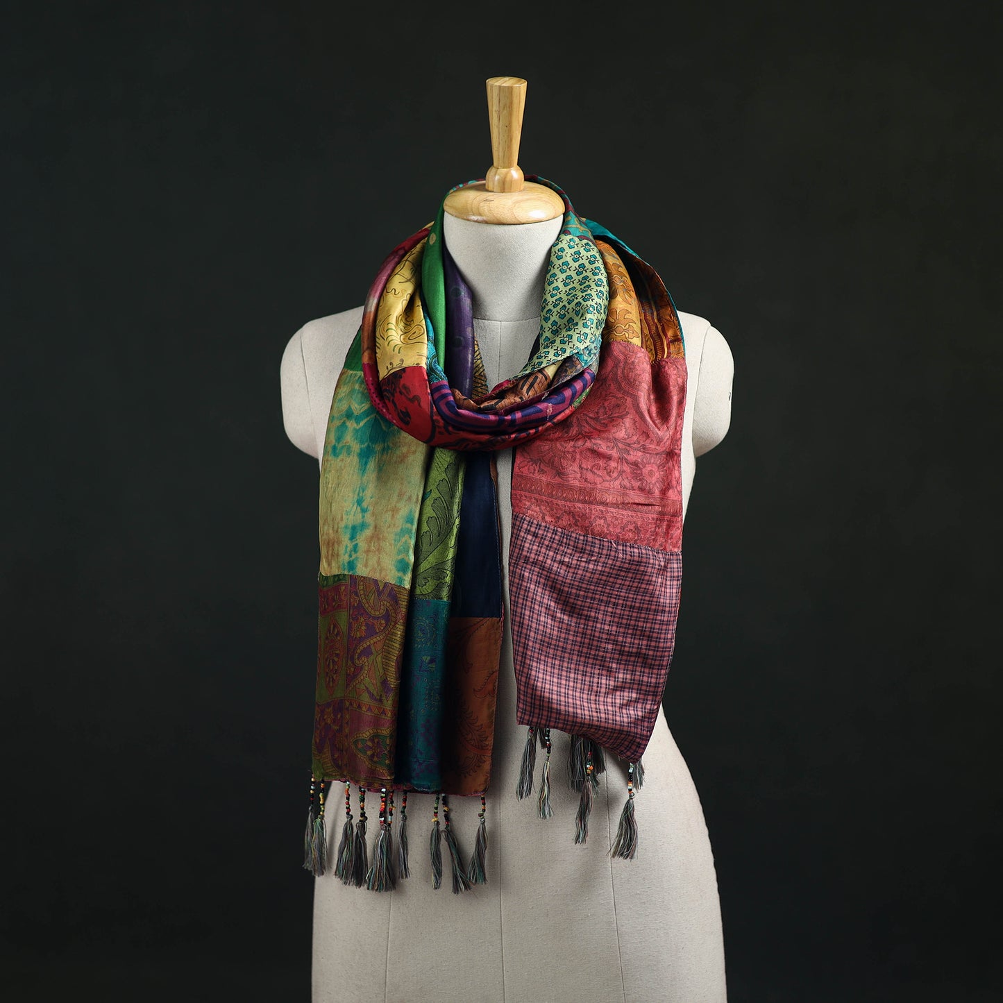 Pure Silk Reversible Patchwork Stole with Tassels 31