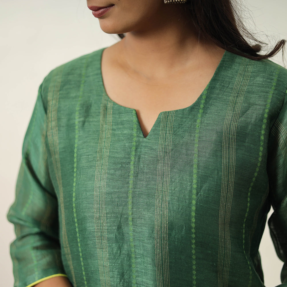 Green - Elegant Linen Silk Handloom Plain Kurta Set 05