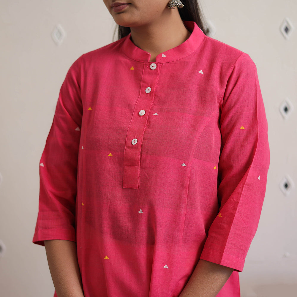 Pink - Panel Cut Handwoven Cotton Jamdani Kurta 40