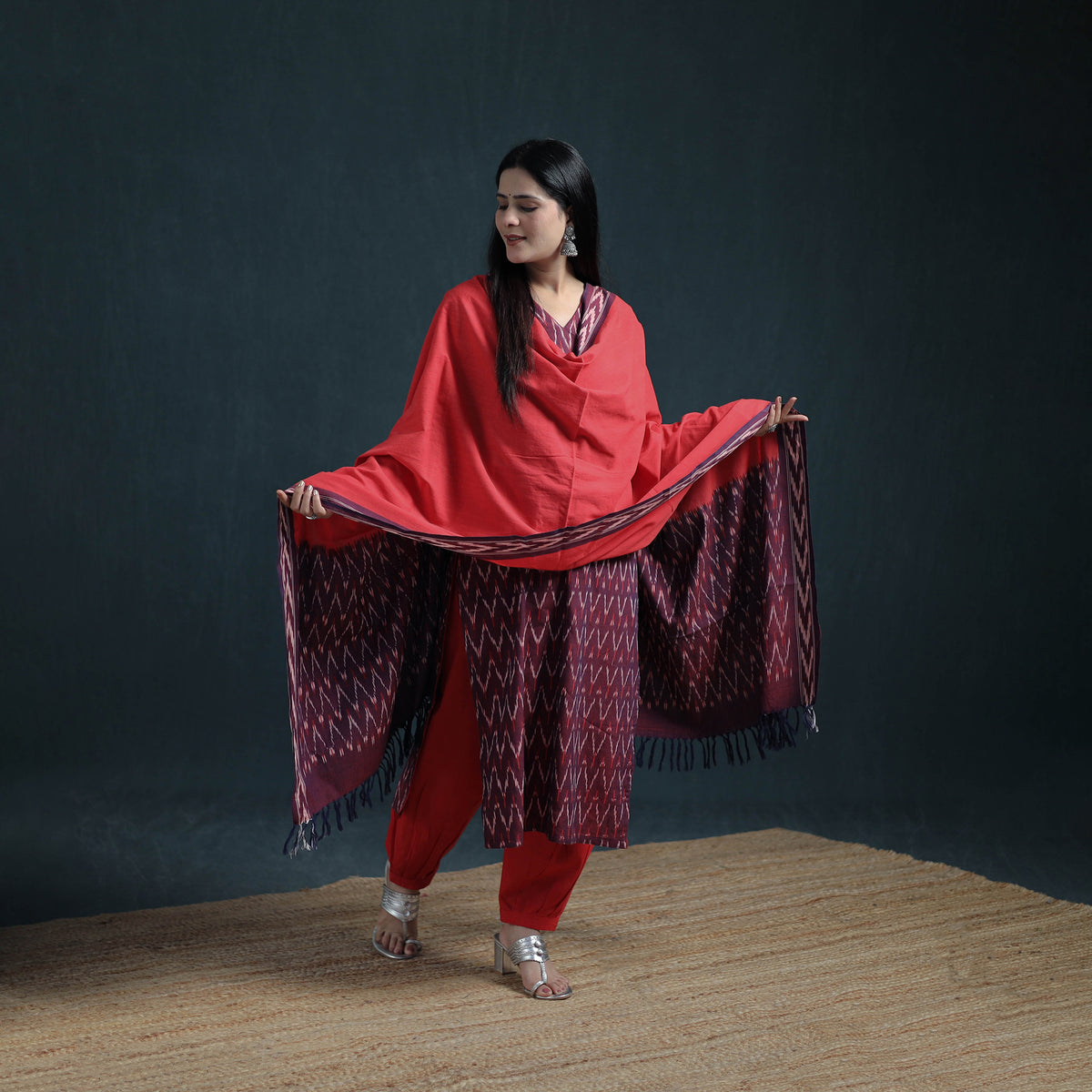 Pochampally Ikat Cotton Suit Set with Dupatta for Women 16
