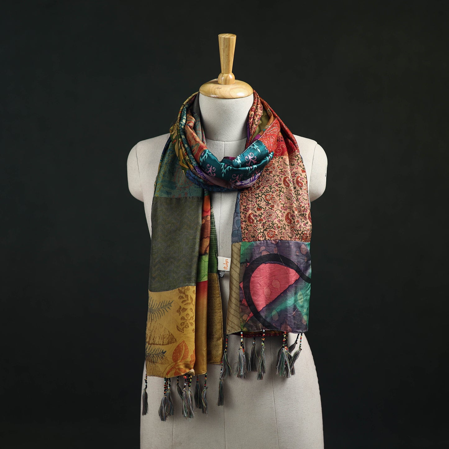 Pure Silk Reversible Patchwork Stole with Tassels 32