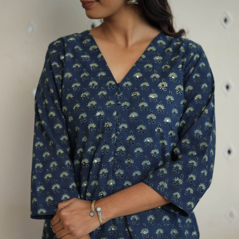 Blue - Sequins Work Cotton Straight Ajrakh Print Kurta 01