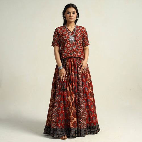 Red - Kutch Block Printed 24 Kali Cotton Long Skirt 27