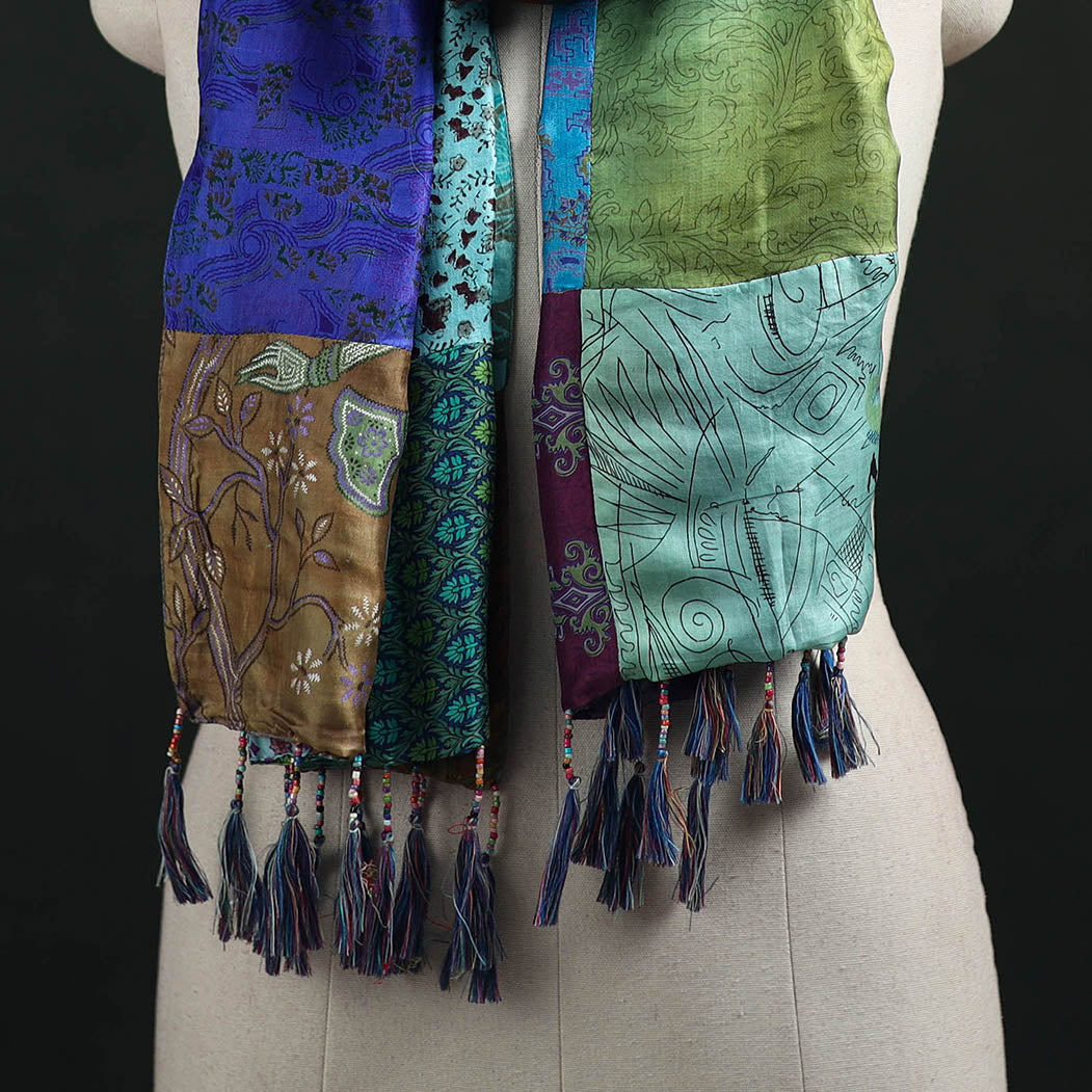 Pure Silk Reversible Patchwork Stole with Tassels 33
