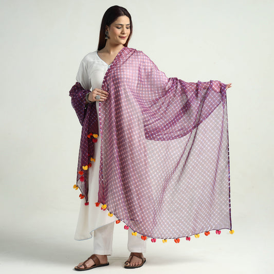 Purple - Leheriya Tie-Dye Mothra Kota Doria Cotton Dupatta with Tassels 16