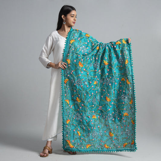 Green - Ranihati Chanderi Silk Chapa Work Phulkari Embroidered Dupatta with Pom Pom 60