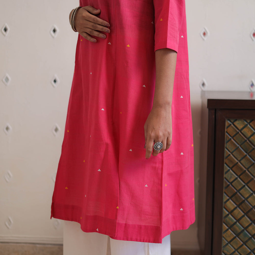 Pink - Panel Cut Handwoven Cotton Jamdani Kurta 40