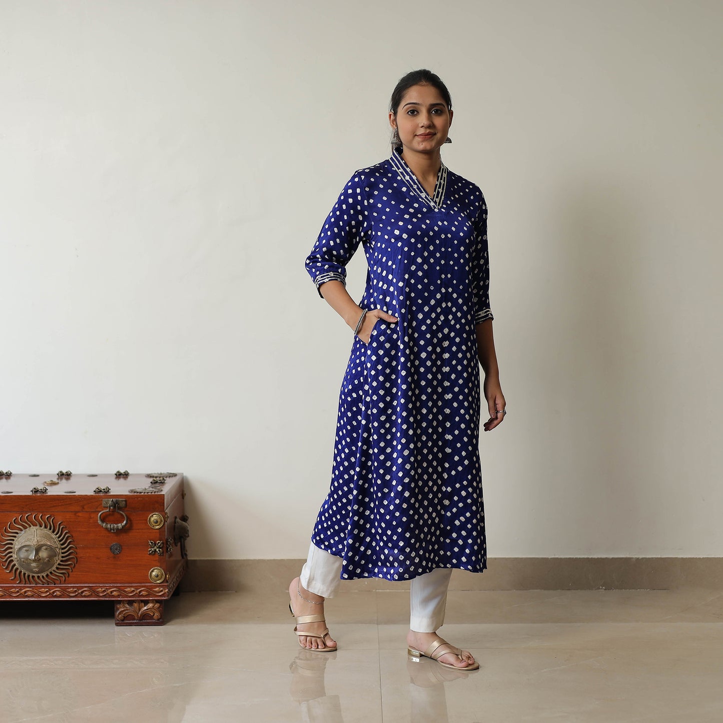 Blue - Tie & dye Modal Silk A-Line Bandhani Kurta 10