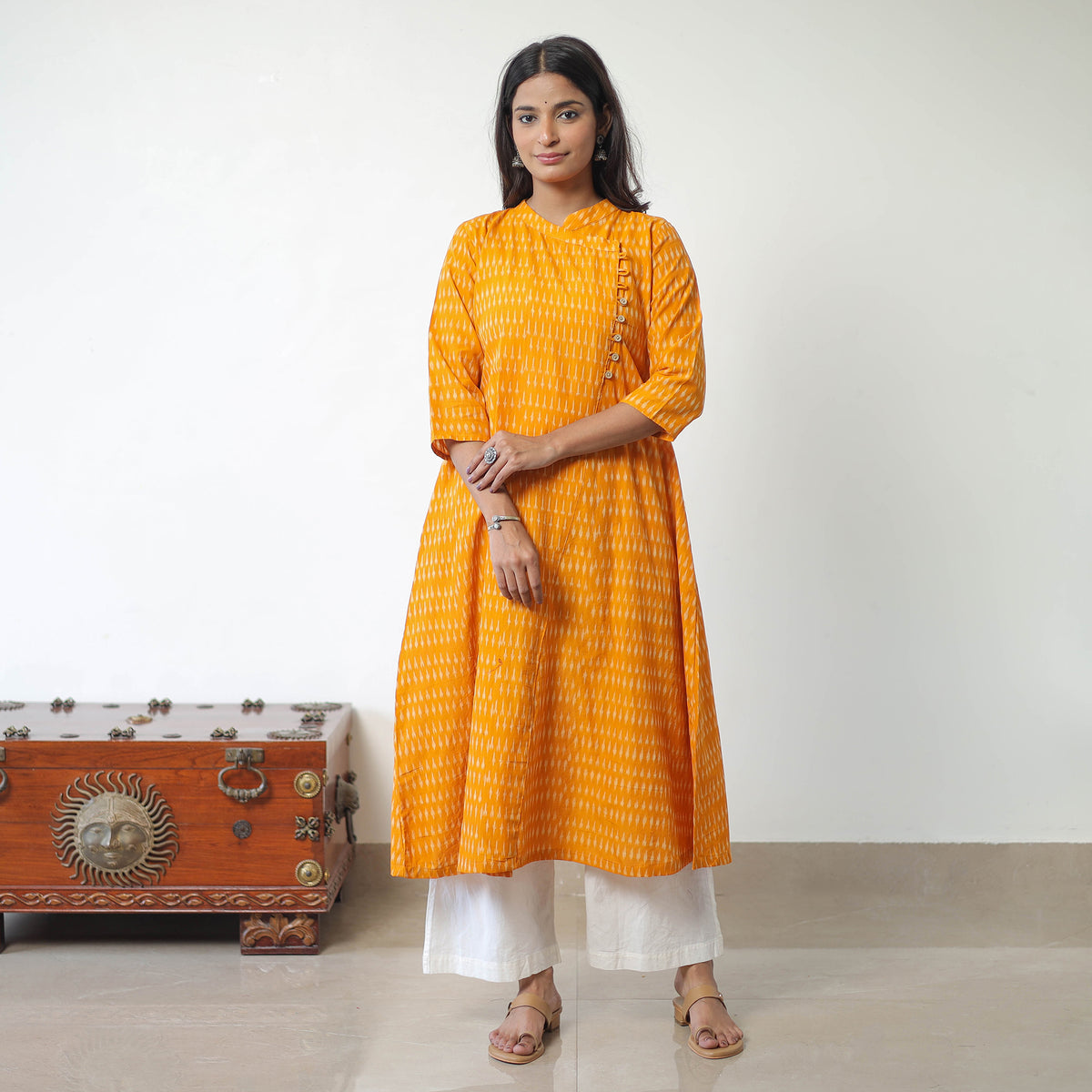 Yellow - Mercerised Cotton Pochampally Ikat Kurta (A-Line) 02