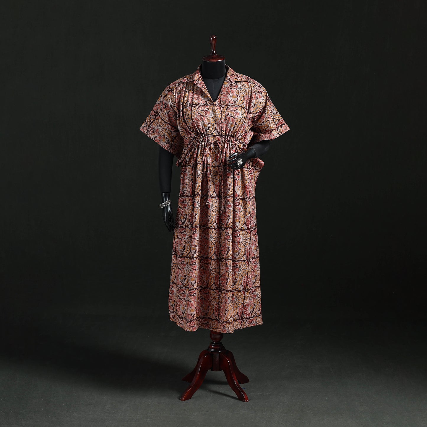 Maroon - Kalamkari Hand Block Print Natural Dyed Cotton Kaftan (Long) 08