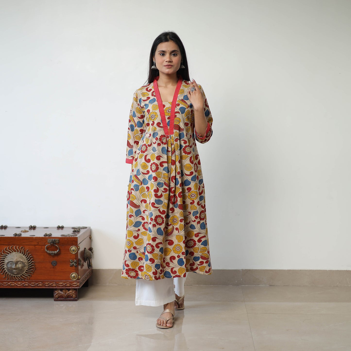 Printed Cotton Flared Kalamkari Kurta with Patchwork 04